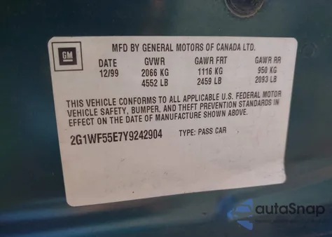 2000 Chevrolet Impala из США, поврежденный, VIN 2G1WF55E7Y9242904